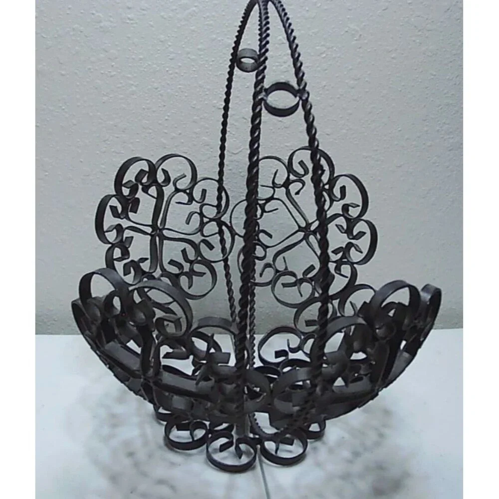 Vintage Spanish Revival Wrought Iron Basket Black Metal Scroll Art Footed